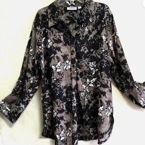 Joan Rivers Women Size L Top Blouse Tunic Long Sleeves Beige Black Brown Stretch